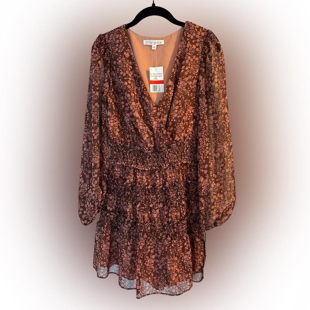 Women's Rust Floral Tiered V-Neck Dress